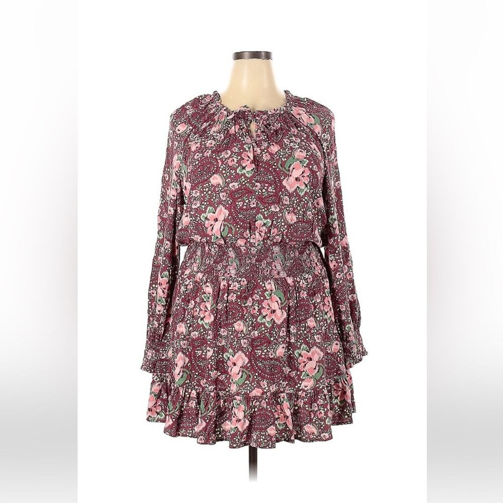 Aerie pink floral print smocked waist ruffled hem blouson dress, size XXL